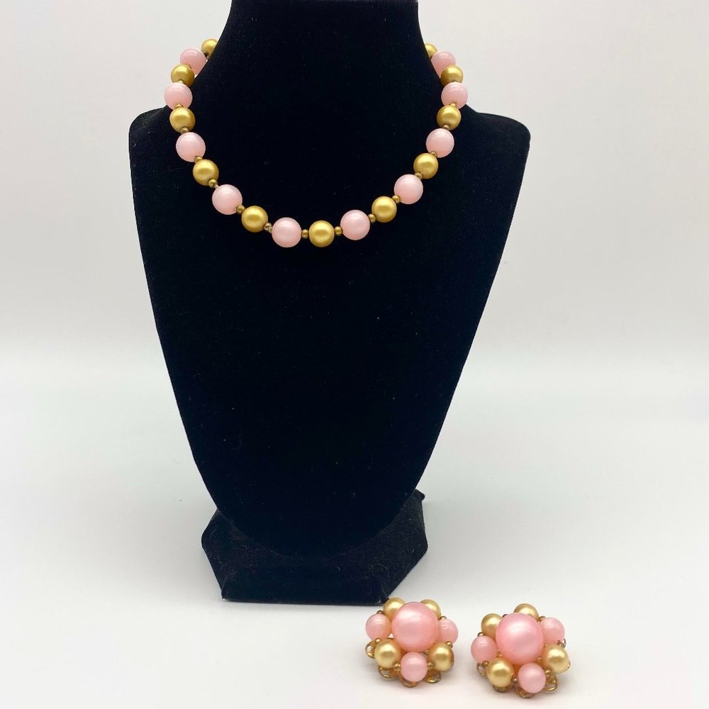 1930s Vintage Pink and Gold Beaded Necklace and Earring Set - Choker Length